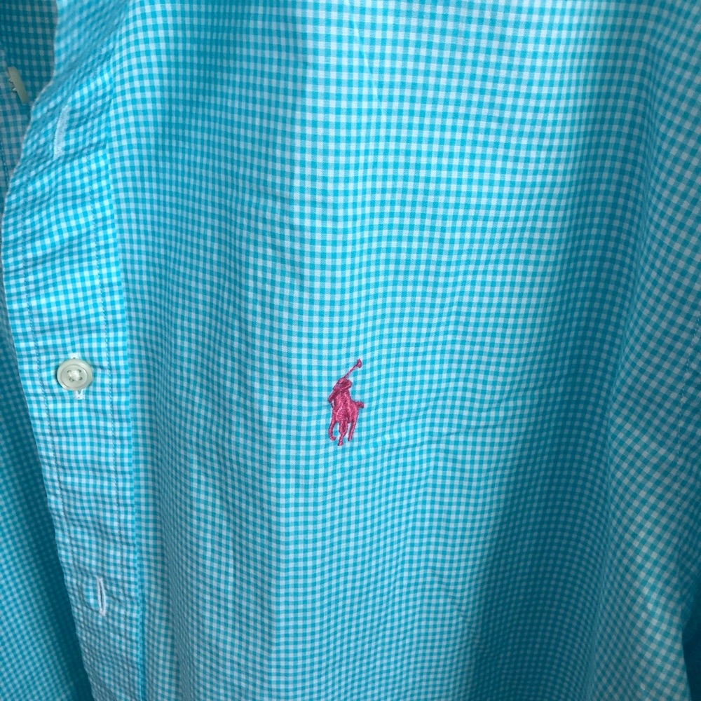 Ralph Lauren Men’s Aqua Blue Button-Down Shirt with Pink Pony - Picture 4 of 5